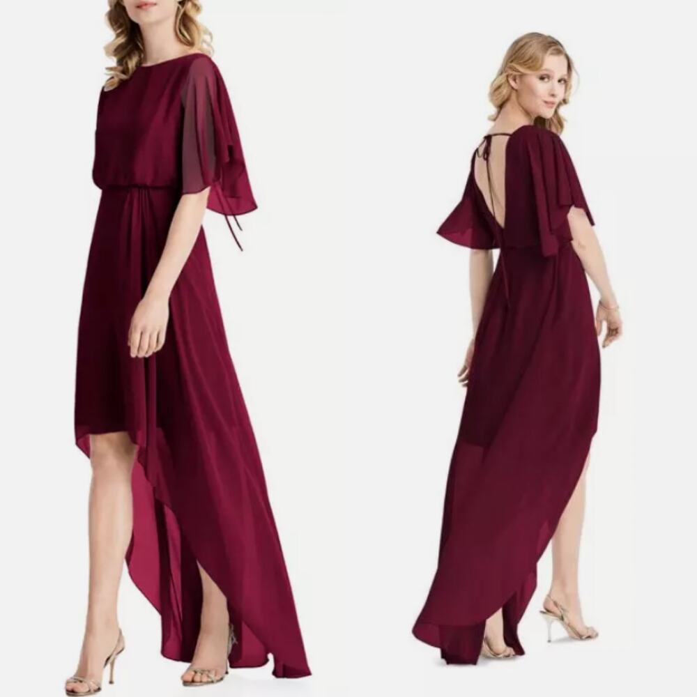 Jenny Packham Flutter Sleeve Luxe Chiffon Hi-Low‎ Formal Dress Cabernet NWT 2